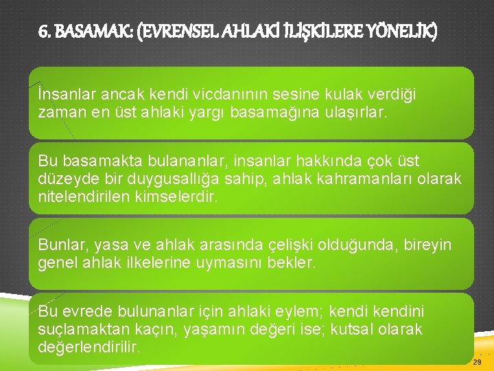 6. BASAMAK: (EVRENSEL AHLAKİ İLİŞKİLERE YÖNELİK) İnsanlar ancak kendi vicdanının sesine kulak verdiği zaman