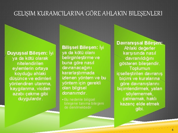 GELIŞIM KURAMCILARINA GÖRE AHLAKIN BILEŞENLERI Duyuşsal Bileşen: İyi ya da kötü olarak nitelendirilen eylemlerin