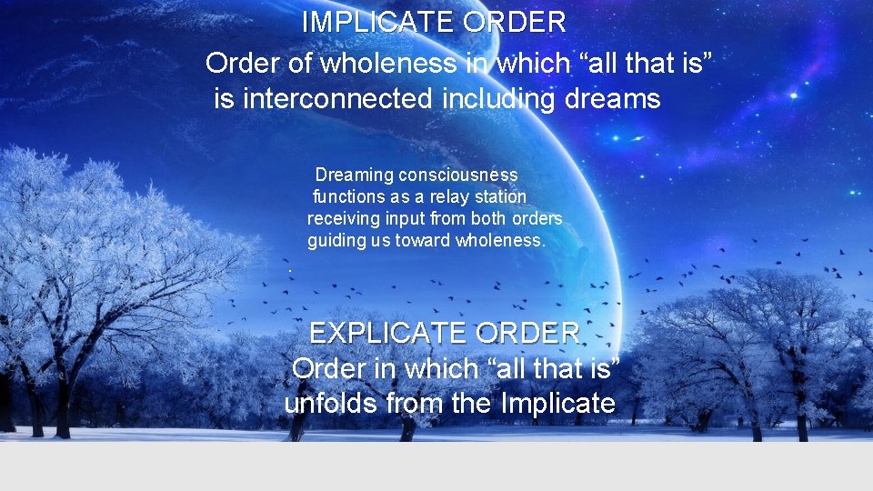 IMPLICATE ORDER Order of wholeness in which “all that is” is interconnected including dreams