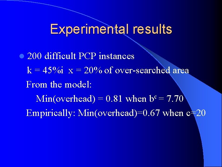 Experimental results l 200 difficult PCP instances k = 45%i x = 20% of