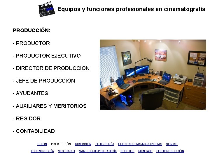 inicio Equipos y funciones profesionales en cinematografía PRODUCCIÓN: - PRODUCTOR EJECUTIVO - DIRECTOR DE