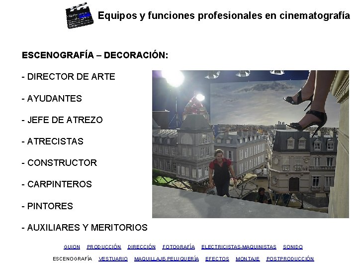 inicio Equipos y funciones profesionales en cinematografía ESCENOGRAFÍA – DECORACIÓN: - DIRECTOR DE ARTE