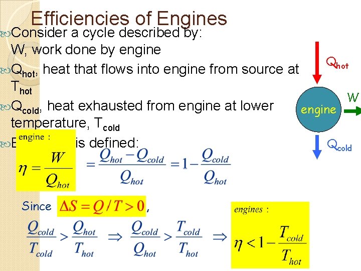 Efficiencies of Engines Consider a cycle described by: W, work done by engine Qhot,