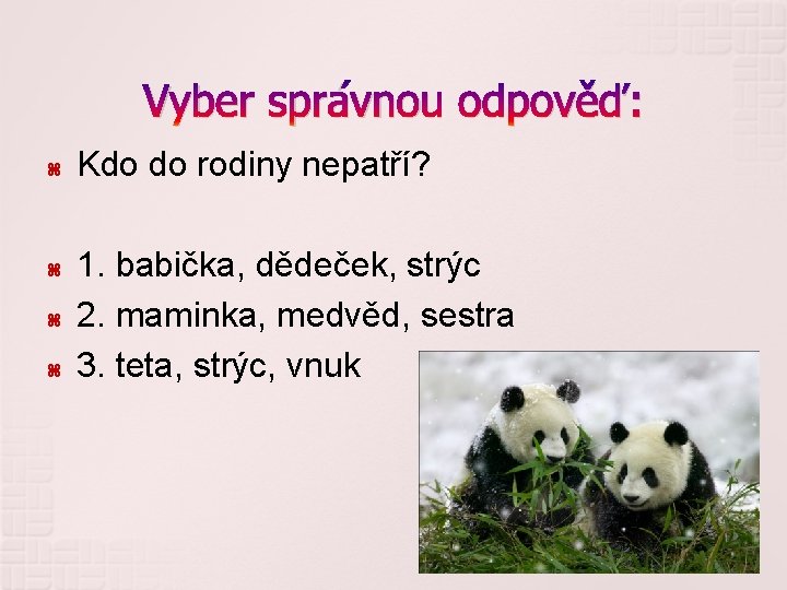 Vyber správnou odpověď: Kdo do rodiny nepatří? 1. babička, dědeček, strýc 2. maminka, medvěd,