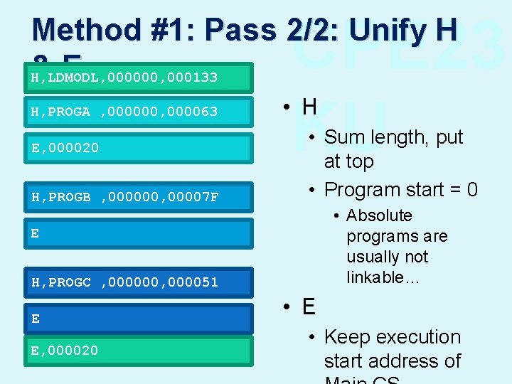 CPE 23 KU Method #1: Pass 2/2: Unify H &E H, LDMODL, 000000, 000133