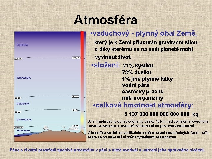 Atmosféra • vzduchový - plynný obal Země, který je k Zemi připoután gravitační silou