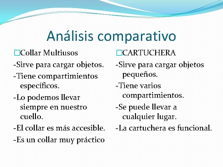 Análisis comparativo �Collar Multiusos -Sirve para cargar objetos. -Tiene compartimientos específicos. -Lo podemos llevar