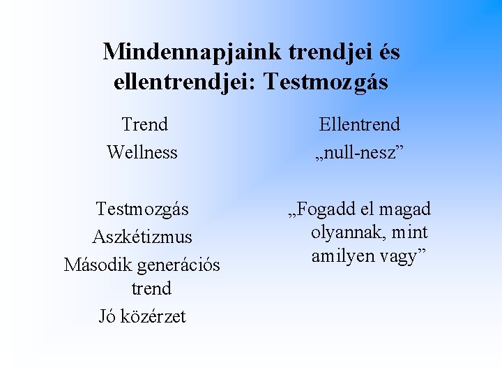 Mindennapjaink trendjei és ellentrendjei: Testmozgás Trend Wellness Ellentrend „null-nesz” Testmozgás Aszkétizmus Második generációs trend