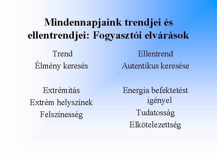 Mindennapjaink trendjei és ellentrendjei: Fogyasztói elvárások Trend Élmény keresés Ellentrend Autentikus keresése Extrémitás Extrém