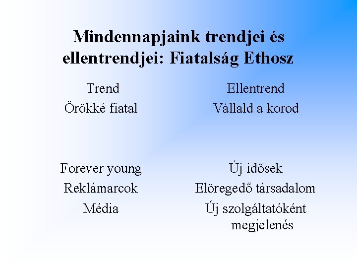 Mindennapjaink trendjei és ellentrendjei: Fiatalság Ethosz Trend Örökké fiatal Ellentrend Vállald a korod Forever