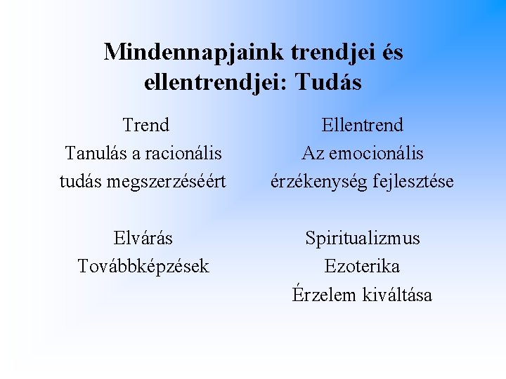 Mindennapjaink trendjei és ellentrendjei: Tudás Trend Tanulás a racionális tudás megszerzéséért Ellentrend Az emocionális