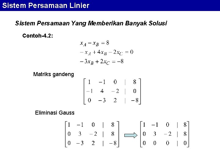 Sistem Persamaan Linier Sistem Persamaan Yang Memberikan Banyak Solusi Contoh-4. 2: Matriks gandeng Eliminasi