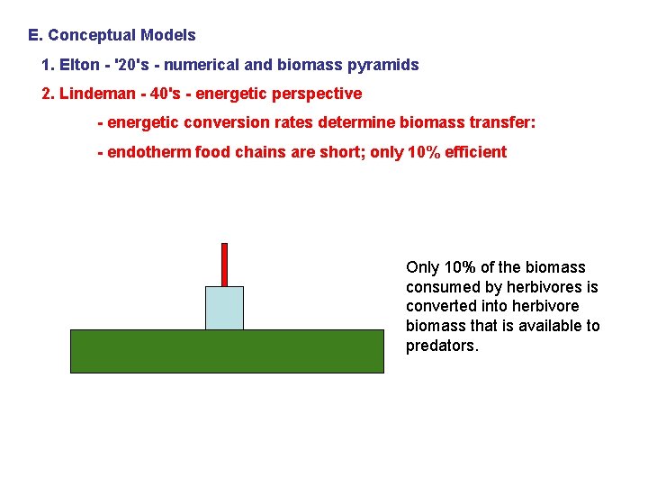 E. Conceptual Models 1. Elton - '20's - numerical and biomass pyramids 2. Lindeman