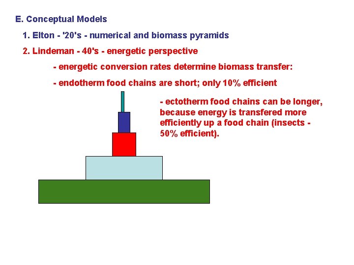 E. Conceptual Models 1. Elton - '20's - numerical and biomass pyramids 2. Lindeman