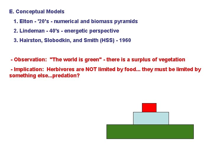 E. Conceptual Models 1. Elton - '20's - numerical and biomass pyramids 2. Lindeman