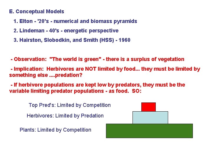 E. Conceptual Models 1. Elton - '20's - numerical and biomass pyramids 2. Lindeman