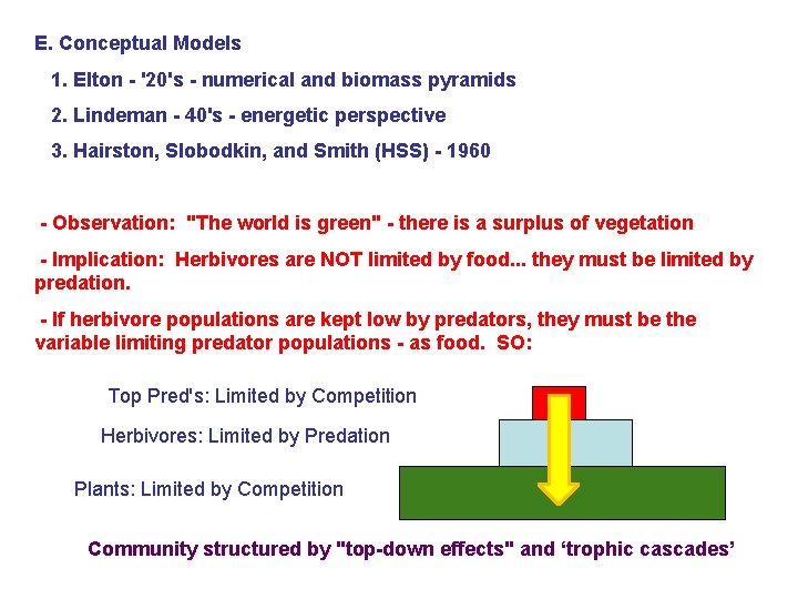 E. Conceptual Models 1. Elton - '20's - numerical and biomass pyramids 2. Lindeman