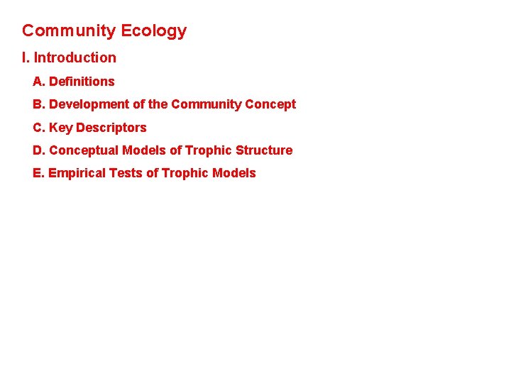 Community Ecology I. Introduction A. Definitions B. Development of the Community Concept C. Key