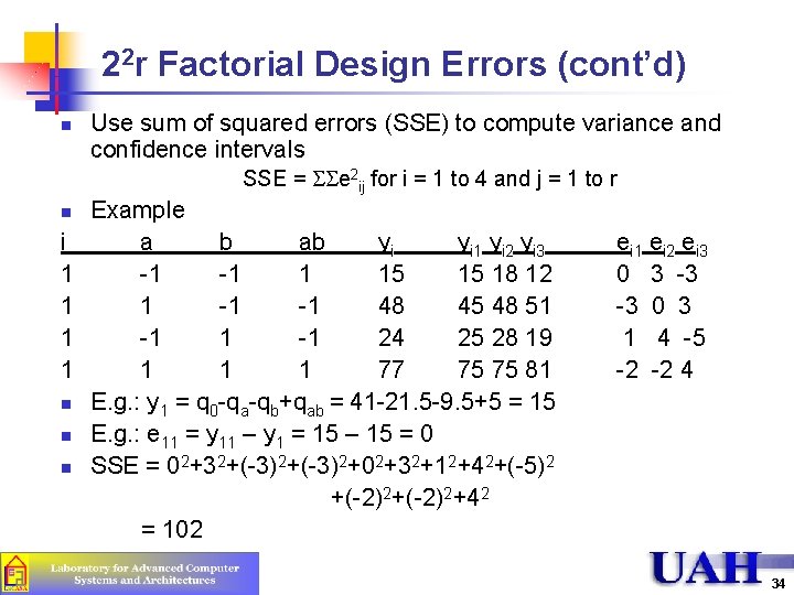 22 r Factorial Design Errors (cont’d) n Use sum of squared errors (SSE) to 22 r Factorial Design Errors (cont’d) n Use sum of squared errors (SSE) to