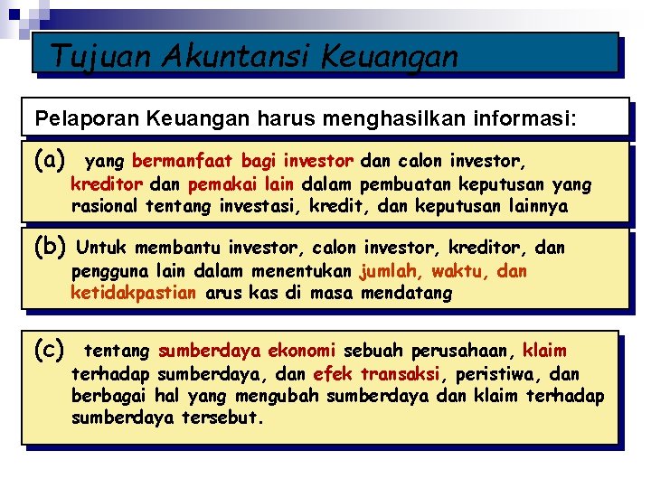 Tujuan Akuntansi Keuangan Pelaporan Keuangan harus menghasilkan informasi: (a) yang bermanfaat bagi investor dan