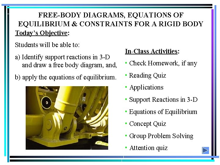 FREE-BODY DIAGRAMS, EQUATIONS OF EQUILIBRIUM & CONSTRAINTS FOR A RIGID BODY Today’s Objective: Students