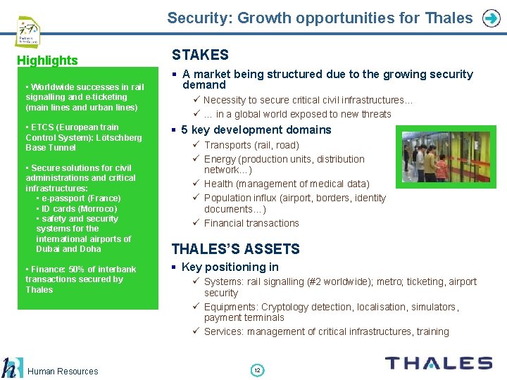 Security: Growth opportunities for Thales Highlights • Worldwide successes in rail signalling and e-ticketing