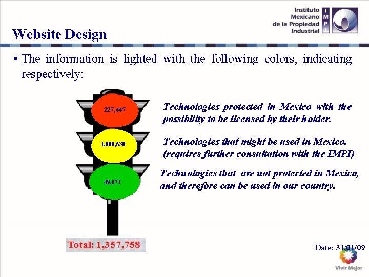 Website Design • The information is lighted with the following colors, indicating respectively: 227,