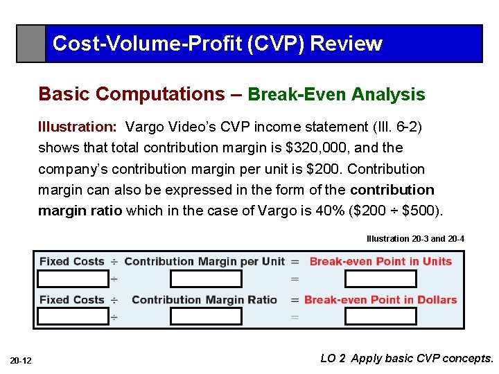 Cost-Volume-Profit (CVP) Review Basic Computations – Break-Even Analysis Illustration: Vargo Video’s CVP income statement