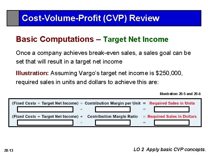 Cost-Volume-Profit (CVP) Review Basic Computations – Target Net Income Once a company achieves break-even