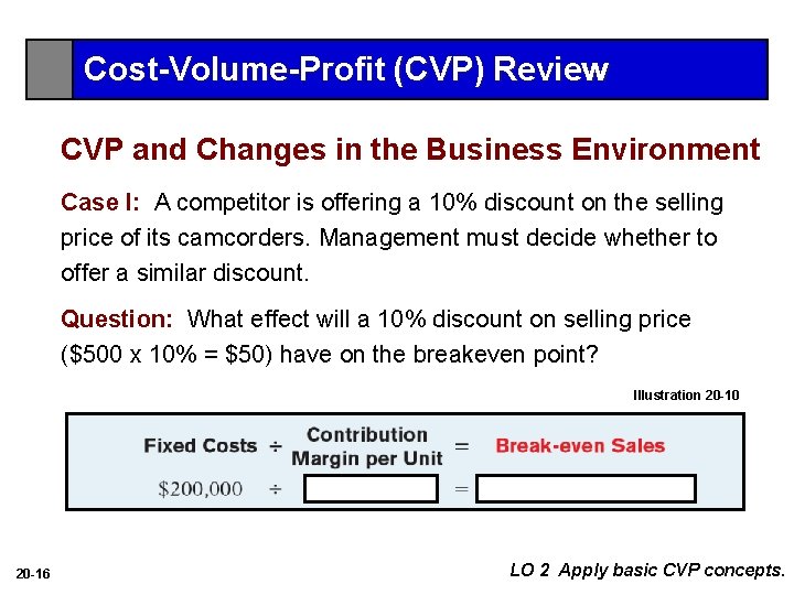 Cost-Volume-Profit (CVP) Review CVP and Changes in the Business Environment Case I: A competitor