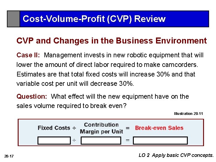 Cost-Volume-Profit (CVP) Review CVP and Changes in the Business Environment Case II: Management invests