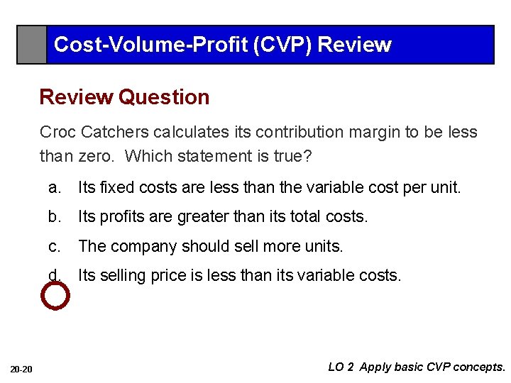 Cost-Volume-Profit (CVP) Review Question Croc Catchers calculates its contribution margin to be less than