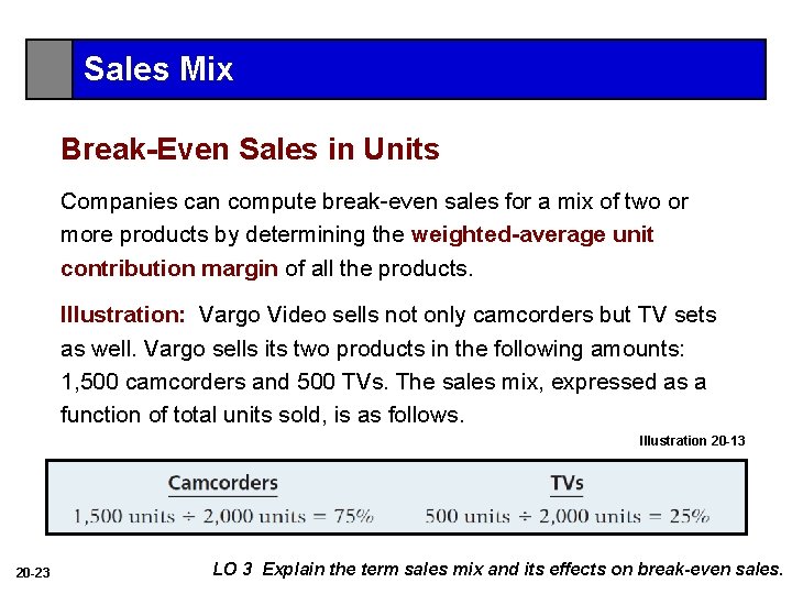 Sales Mix Break-Even Sales in Units Companies can compute break-even sales for a mix