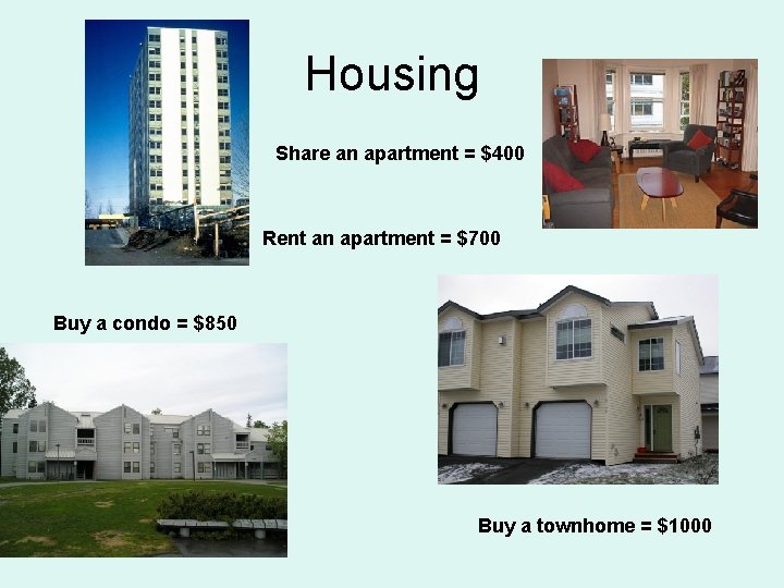 Housing Share an apartment = $400 Rent an apartment = $700 Buy a condo Housing Share an apartment = $400 Rent an apartment = $700 Buy a condo