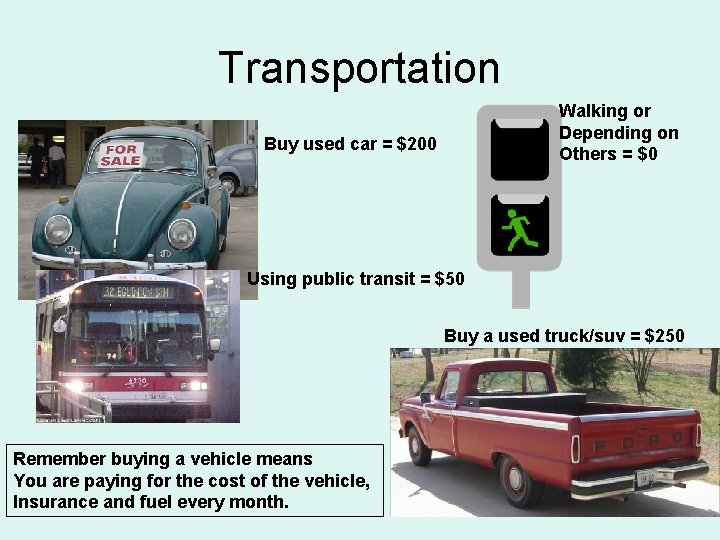 Transportation Walking or Depending on Others = $0 Buy used car = $200 Using Transportation Walking or Depending on Others = $0 Buy used car = $200 Using