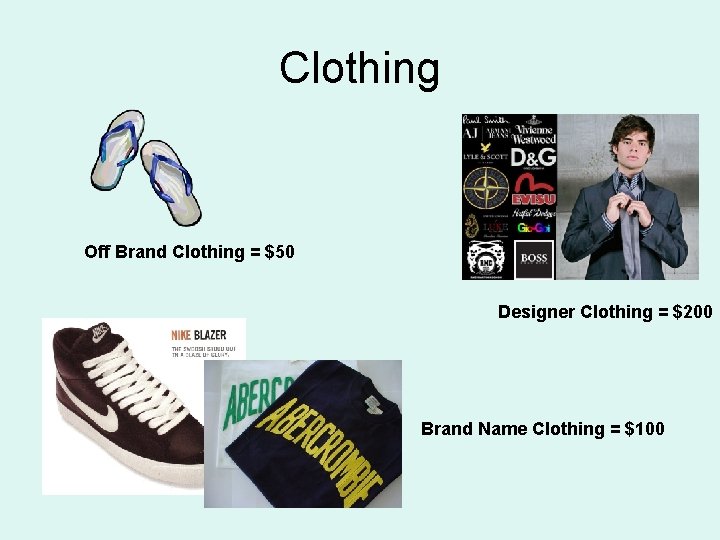 Clothing Off Brand Clothing = $50 Designer Clothing = $200 Brand Name Clothing = Clothing Off Brand Clothing = $50 Designer Clothing = $200 Brand Name Clothing =