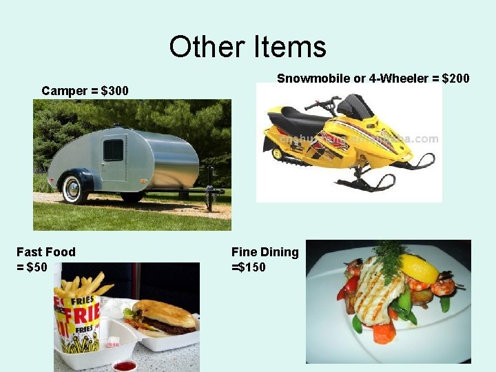 Other Items Camper = $300 Fast Food = $50 Snowmobile or 4 -Wheeler = Other Items Camper = $300 Fast Food = $50 Snowmobile or 4 -Wheeler =