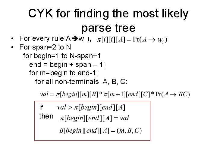 CYK for finding the most likely parse tree • For every rule A w_i,