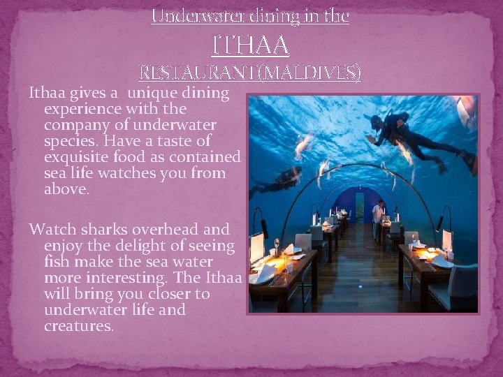 Underwater dining in the ITHAA RESTAURANT(MALDIVES) Ithaa gives a unique dining experience with the