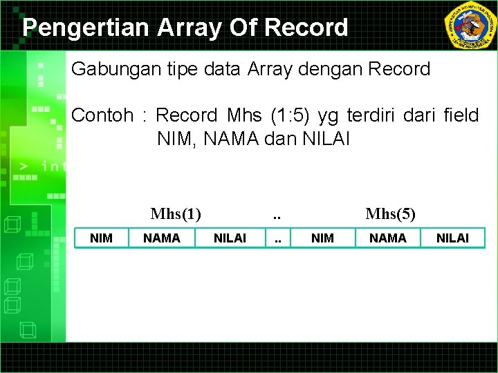 Pengertian Array Of Record Gabungan tipe data Array dengan Record Contoh : Record Mhs