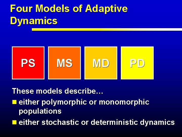 Four Models of Adaptive Dynamics PS MS MD PD These models describe… n either