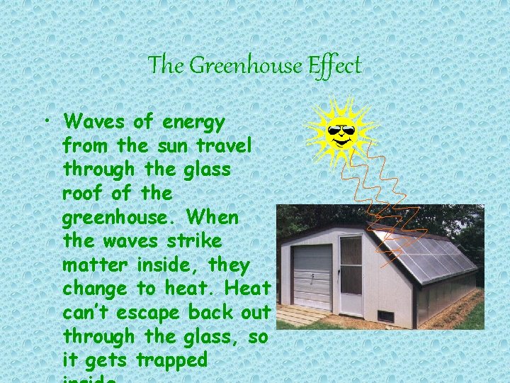 The Greenhouse Effect • Waves of energy from the sun travel through the glass