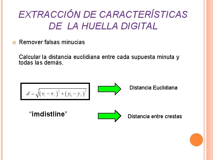 EXTRACCIÓN DE CARACTERÍSTICAS DE LA HUELLA DIGITAL Remover falsas minucias Calcular la distancia euclidiana EXTRACCIÓN DE CARACTERÍSTICAS DE LA HUELLA DIGITAL Remover falsas minucias Calcular la distancia euclidiana