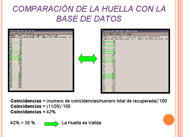 COMPARACIÓN DE LA HUELLA CON LA BASE DE DATOS Coincidencias = (numero de coincidencias/numero COMPARACIÓN DE LA HUELLA CON LA BASE DE DATOS Coincidencias = (numero de coincidencias/numero