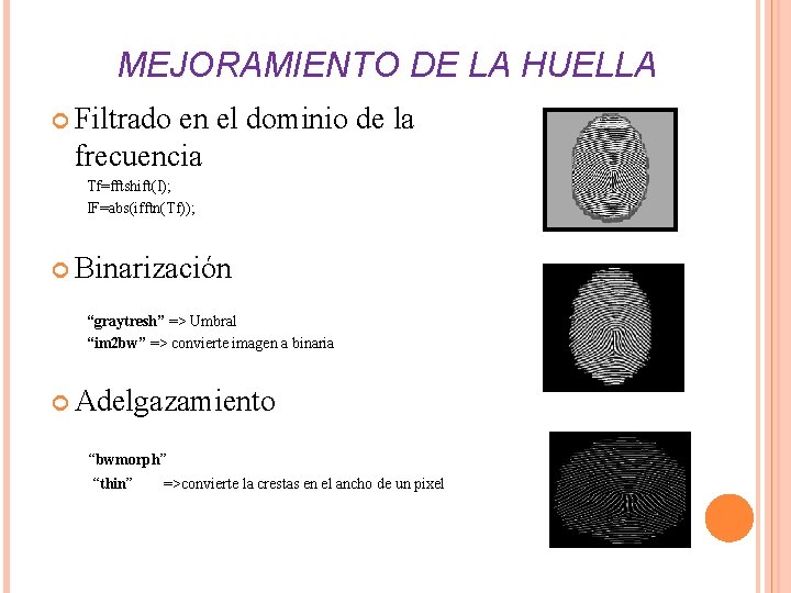 MEJORAMIENTO DE LA HUELLA Filtrado en el dominio de la frecuencia Tf=fftshift(I); IF=abs(ifftn(Tf)); Binarización MEJORAMIENTO DE LA HUELLA Filtrado en el dominio de la frecuencia Tf=fftshift(I); IF=abs(ifftn(Tf)); Binarización