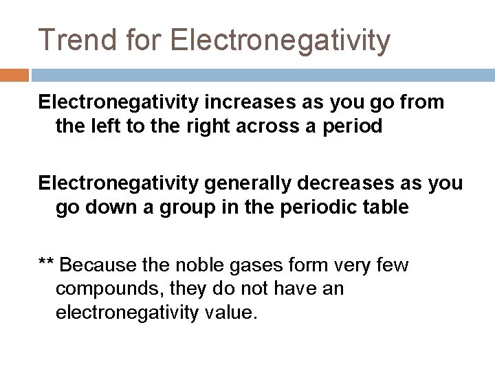 Trend for Electronegativity increases as you go from the left to the right across Trend for Electronegativity increases as you go from the left to the right across