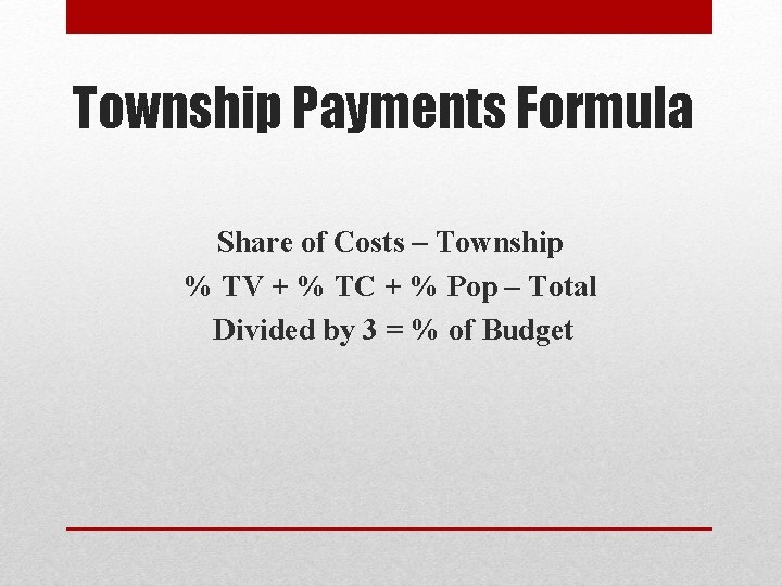 Township Payments Formula Share of Costs – Township % TV + % TC +