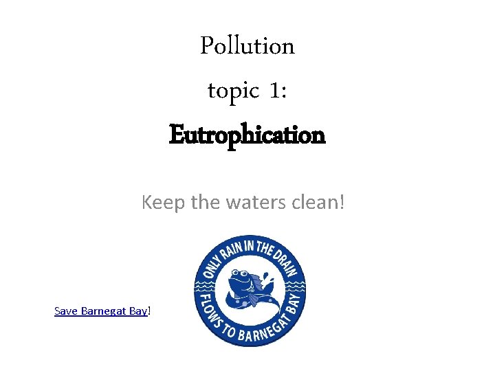 Pollution topic 1: Eutrophication Keep the waters clean! Save Barnegat Bay! 