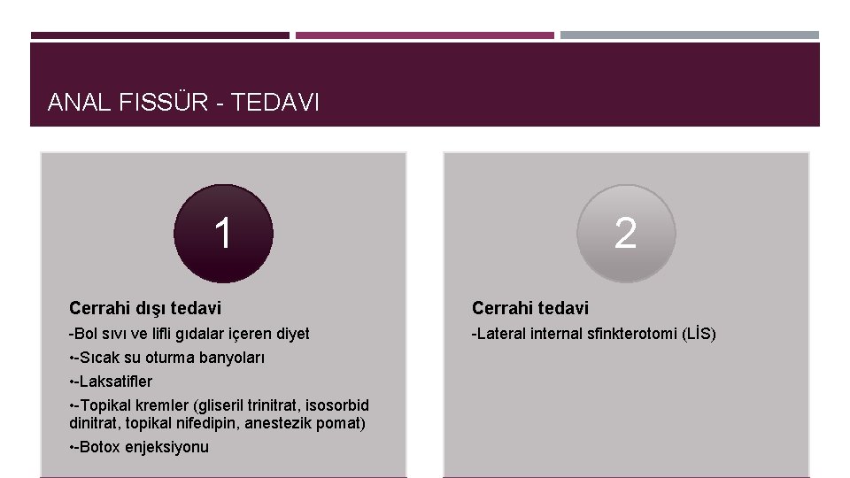 ANAL FISSÜR - TEDAVI 1 2 Cerrahi dışı tedavi Cerrahi tedavi -Bol sıvı ve
