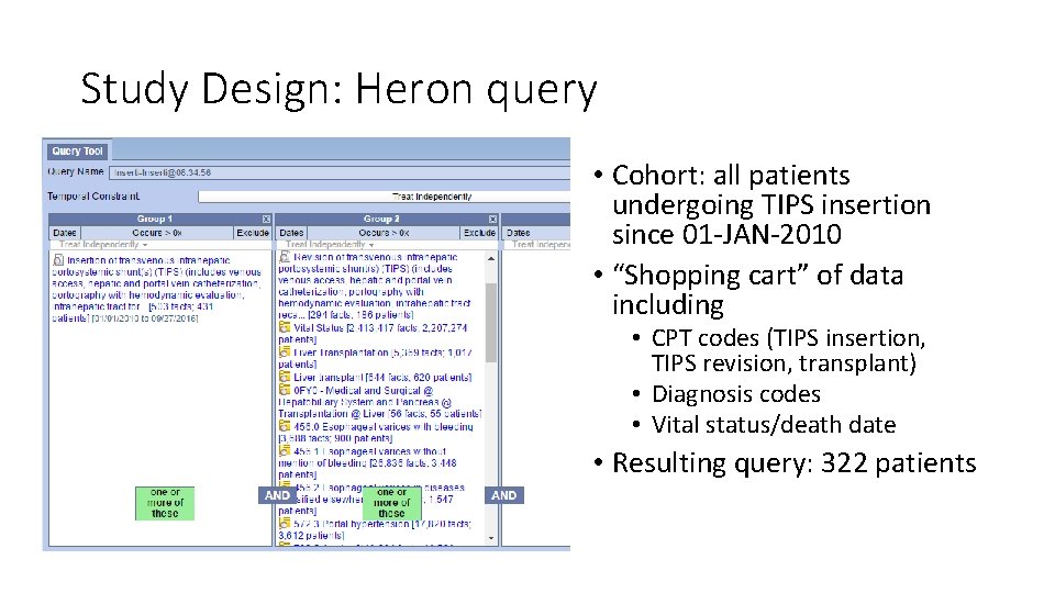 Study Design: Heron query • Cohort: all patients undergoing TIPS insertion since 01 -JAN-2010 Study Design: Heron query • Cohort: all patients undergoing TIPS insertion since 01 -JAN-2010